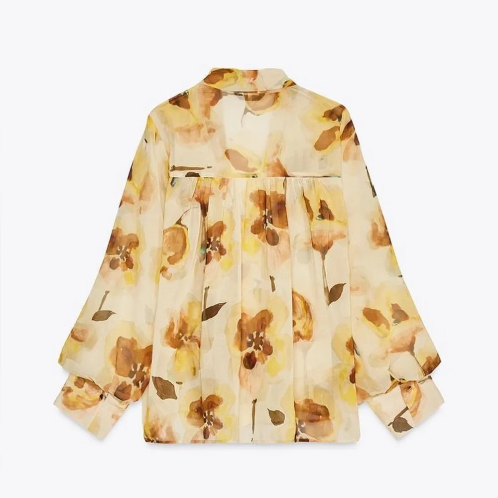 ZARA Scarf Detail Floral Print Oversized Shirt | Ecru/Yellow - Picture 8 of 14
